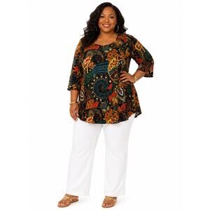 Plus Size Boho Paisley Tunic Top 2XL Fall Artsy Swing Blouse